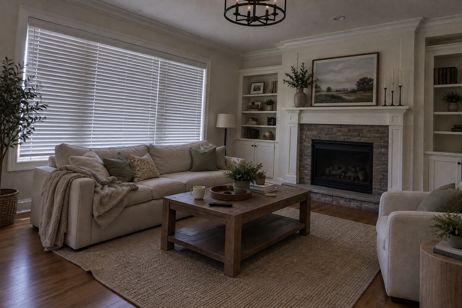Phone-photo view: the same living room, dimly lit and tilted, with the mini blinds closed