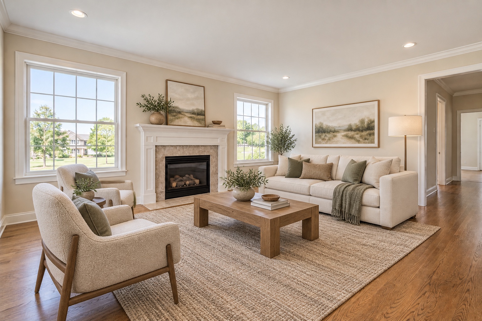 The living room virtually staged with warm modern-organic furnishings